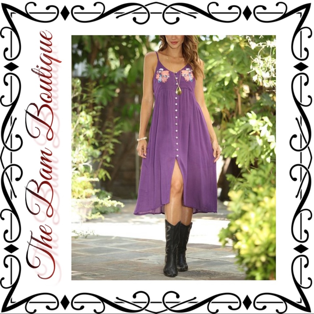 Purple Floral Embroidered Sleeveless Midi Dress